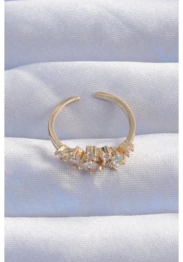 Pirinç Gold Renk Zirkon Taşlı Damla Detay Ayarlanabilir Yüzük