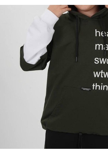 Çocuk Pamuklu Kapüşonlu Heart Mat Yazılı Sweatshirt-14830 Haki