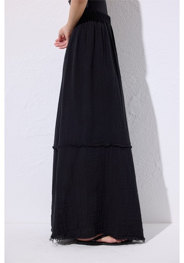 Müslin Katlı Geniş Etek Siyah Siyah