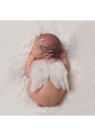 Yenidoğan Bebek Beyaz Melek Kanatları Kafa Bandı Kostüm Fotoğraf Sahne Dekorasyon Beyaz