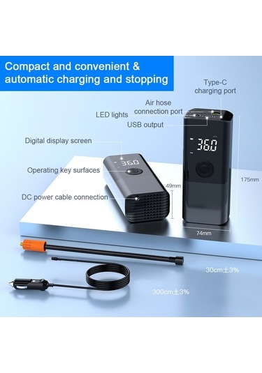 Fortunelane Siyah Akıllı Pompa - Otomatik Kesme, Led Işık, Usb Powerbank, 5 Modlu, 150psı, Araçlı