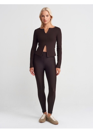 Dilvin 31993 Fermuar Detaylı Uzun Kollu Top-koyu Kahve Koyu Kahve