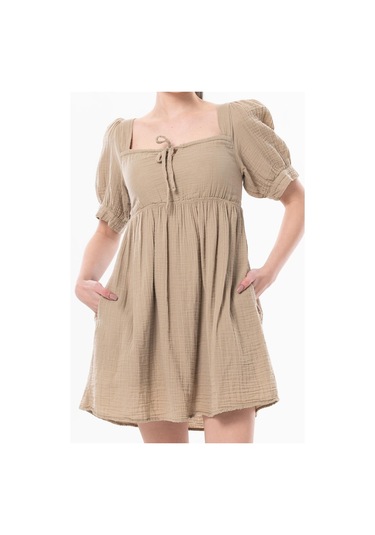 Kısa Kol Lara Kare Yaka Bağlama Detaylı Yazlık Müslin Elbise Vizon Vzn-vizon Vizon