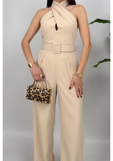 Amber Kadın Kemer Detaylı Askılı Bol Paça Taş Tulum Rahat Şık Yazlık Kombin Taş