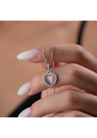 925 Ayar Gümüş Taşlı Bombeli Kedi Pembe Gözü Kalp Kolye Gümüş