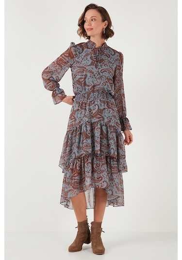 Lela Regular Fit Yaka Detaylı Volanlı Şifon Midi Bayan Elbise 611El1448 Mavi