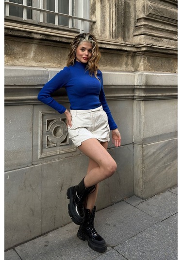 Saks Yarım Balıkçı Şardonlu Fitilli Bluz Saks