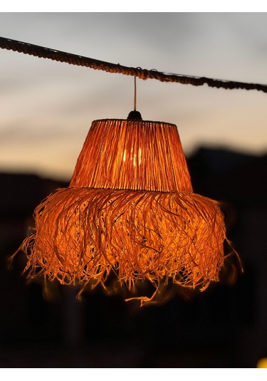 Hasır Doğal Saçaklı 30 Cm Çap Dekoratif Rafya Avize Sarı Bej - Sarı