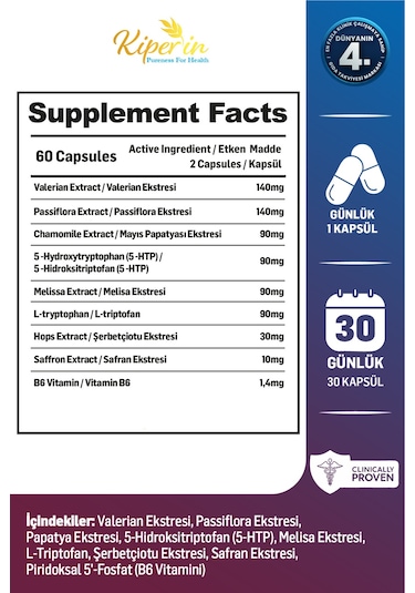 Kiperin Calm ''relax'' Passiflora, Safran, 5-htp, Valerian, ... 9 İçerik 30 Günlük Akıllı Gıda Takviyesi