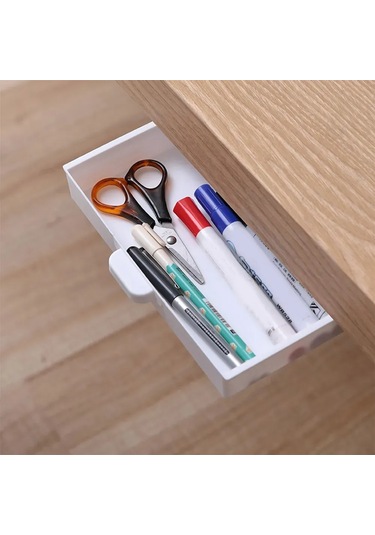 Kangvka Masa Altı Plastiğinden Gizli Çekmeceli Organizer - Stokastik, Kosmetik Ve Telefon Saklama Kutusu - Siyah, Gri, Beyaz Renk Seçenekleri Beyaz