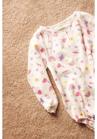 DeFacto Kız Bebek Yenidoğan Bisiklet Yaka Gökkuşağı Baskılı Waffle Uzun Kollu Çıtçıtlı Body E2381A525SPER105 Ekru