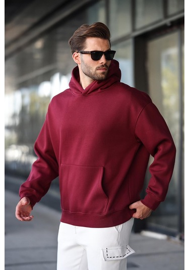 Bordo Kapüşonlu Kanguru Cep Erkek Sweatshirt E7169 Bordo