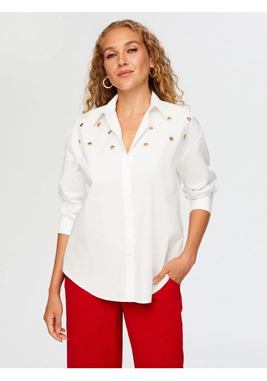 Faik Sönmez Taşlı Trok Aksesuarlı Poplin Kadın Gömlek W26gml008 Beyaz