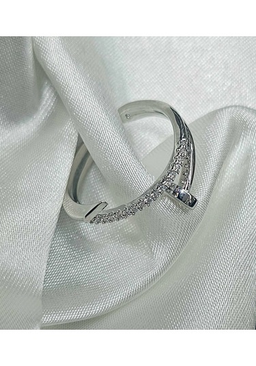 Dükkan Design Y2k Taşlı Çivi Tasarımlı Çelik Yüzük Gümüş - Beyaz