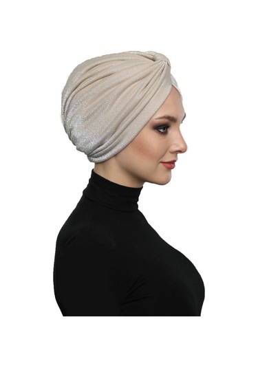 Simli Pike Çapraz Bantlı Astarlı Bej Hazır Türban Tesettür Bone Abiye