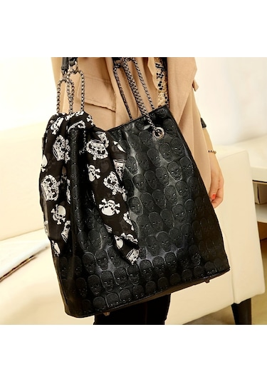 Eşarp Dekorlu Gotik Kafatası Kabartmalı Tote Çanta Siyah