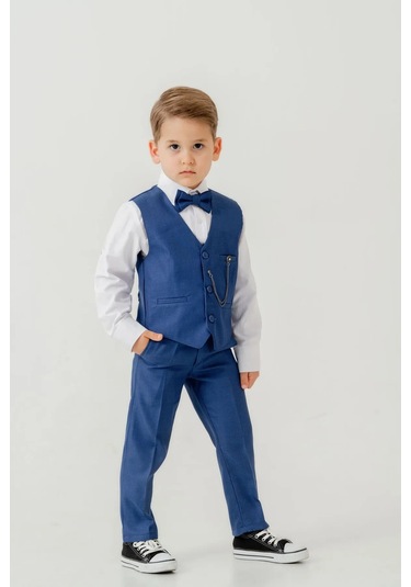 Erkek Çocuk Yelekli Slim Fit Takım Elbise 4 Parça Yelek, Pantolon, Gömlek, Papyon Te.7026 Saks Mavi