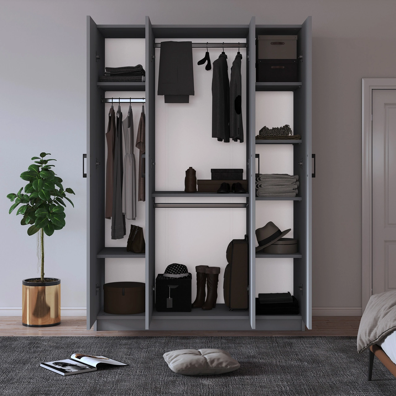 %100 Mdflam 4 Kapaklı Gardrop 120cm G-08 Gri