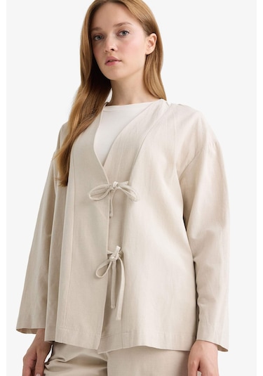 Defacto Regular Fit V Yaka Keten Karışımlı Kimono F7958ax25aubg702 Bej