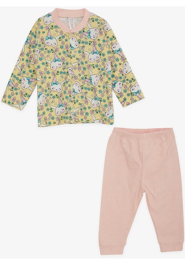 Breeze Kız Bebek Pijama Takımı Çiçek Desenli Tavşancık Baskılı 4 Ay-1 Yaş, Sarı-sarı Sarı