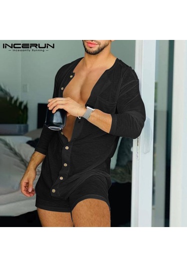 Incerun Erkekler Uzun Kollu Örgü Şeffaf Ince Leotard Pijama Tulum Gecelik Kısa Romper İç Giyim Siyah Incerun Erkekler Uzun Kollu Örgü Şeffaf Ince Leotard Pijama Tulum Gecelik Kısa Romper İç Giyim Siyah