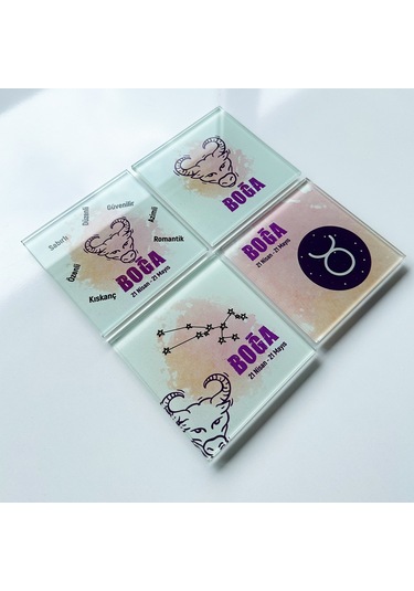 Decorita Cam Bardak Altlığı Burçlar - Boğa Burcu 4'lü Takım 10 CM x 1 Çok Renkli