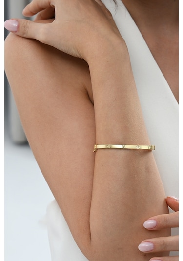 925 Ayar Gümüş Altın Yaldızlı Çivi Deseni Bilezik Barcode Rose Gold - Gümüş