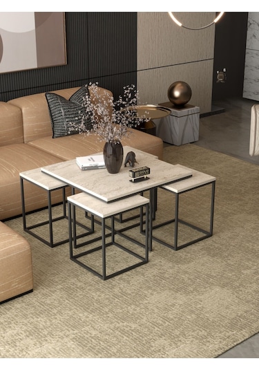 Orta Sehpa Ve Zigon Sehpa 5'li Lüx Set Traverten Bej