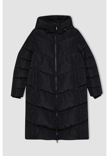 DeFacto Su İtici Uzun Şişme Mont Parka Isı Yalıtımlı Kapüşonlu Kapitoneli fermuarlı Cepli A3174AX24WNBK27 Siyah