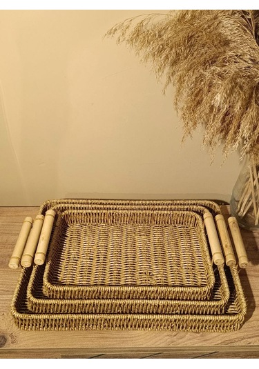 Hasır Rattan Sunum Tepsi 3'lü Organizer Bambu Kulplu Dikdörtgen Diğer
