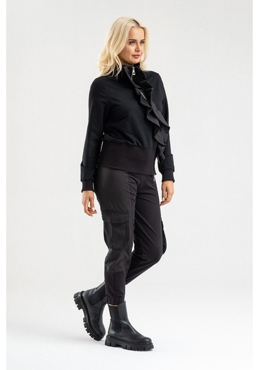 Bold & Young Siyah Volan Detaylı Fermuarlı Şık Sweat Ceket