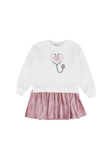 Ön Nakışlı Pileli Elbise Pudra