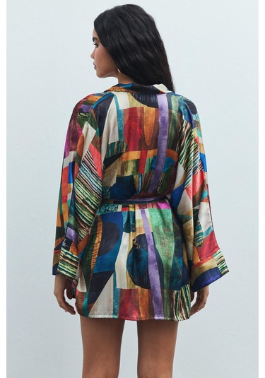 Fumée Coloré Desenli Kısa Saten Sabahlık / Kimono Çok Renkli