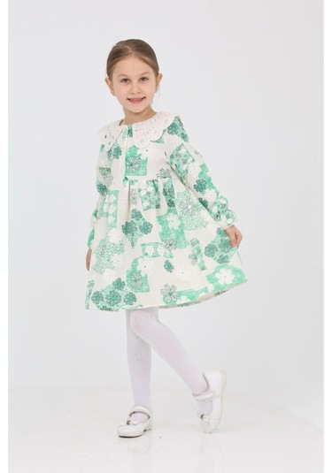 Kız Çocuk Keten Kumaş Dantel Yakalı Elbise 12191 Mint
