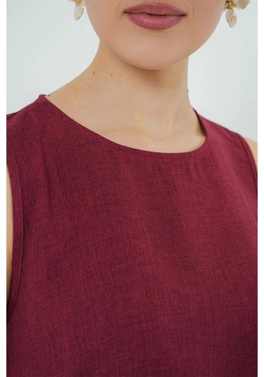 2444 Mini Keten Elbise - Bordo Bordo