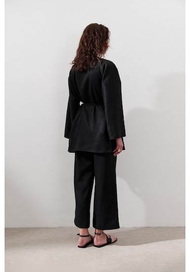 Keten Kruvaze Kapama Kimono Siyah Siyah