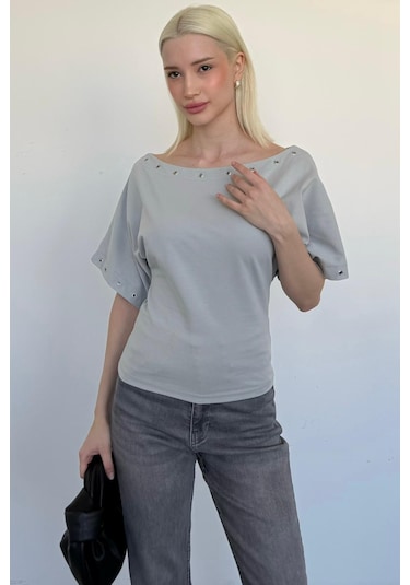 Madmext Boyalı Gri Off Shoulder Metal Detaylı Kadın Bluz Mg2671