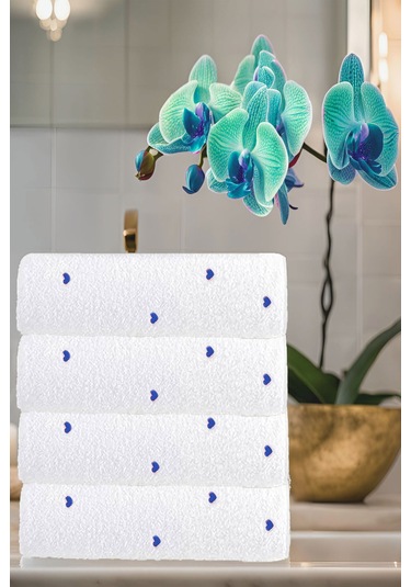 4 Lü Kalp Nakış İşlemeli El Yüz Havlu Seti %100 Pamuklu 50x90 Cm Hand Of Love Mavi