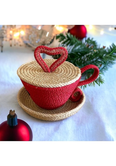 Sevgililer Günü Hediyesi, Hasır Sepet, Fincan Sepet, Jüt Sepet, %100 Doğal Dekoratif Hasır Sepet 001