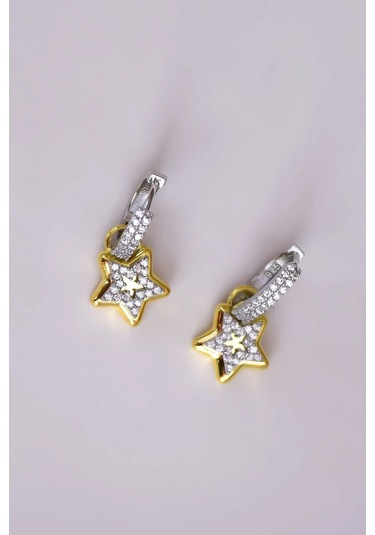 925 Ayar Gümüş Gold-rodyum Kaplama Zirkon Taşlı Tasarım Yıldız Halka Küpe