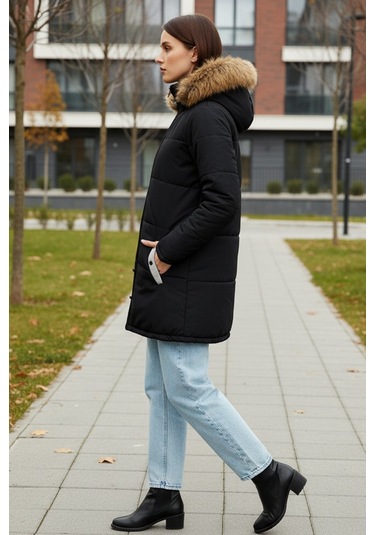 Kışlık Tasarım Suni Kürk Yaka Siyah Kadın Mont Siyah