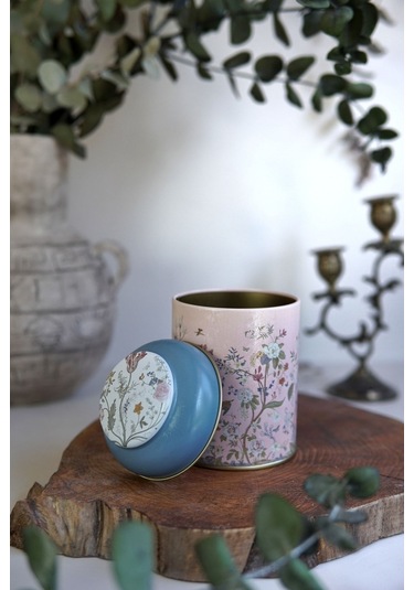 Flora Pink Desenli Yuvarlak Metal Saklama Kabı, 9 X 11 Cm, 0,6 Lt Desenli