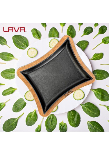 Lava Döküm Dikdörtgen Servis Tabağı Ve Ahşap Altlığı. Ölçü 13x17cm.
