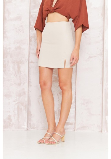 Kadın Bej Yırtmaçlı Mini Etek Dm2016 Bej