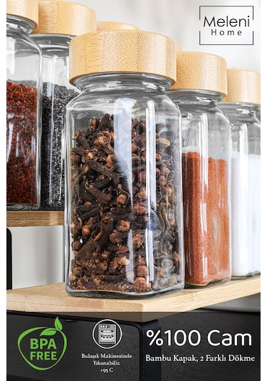 12'li Bambu Kapaklı Cam Baharatlık Seti - Etiketli Tuzluk Biberlik Köşeli Baharat Takımı 120 Ml ŞEffaf