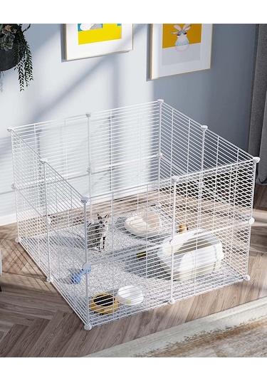 Hodbehod 16 Panel Beyaz Hayvan Oyun Kafesi Portatif Modüler Kedi Kuş Evcil Hayvan