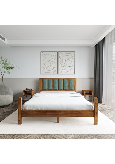 Orion Model Çağla Yeşili Puflu Başlıklı Ceviz Renk Çam Ahşap Karyola-85 90 x 200