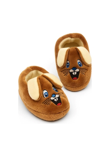 Günlük Kız Erkek Çocuk Panduf Tavşan Figürlü Desenli Taban Yumuşak Esnek Kreş Ayakkabısı Ev Botu 361 Kahve