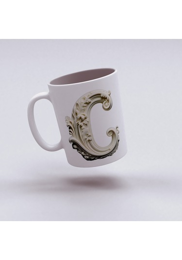 C Harfi Bardak, Monogram 330 Ml Barok Oymalı Görünüm Beyaz