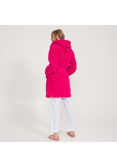 Welsoft Kapüşonlu Peluş Kadın Sabahlık Fuşya